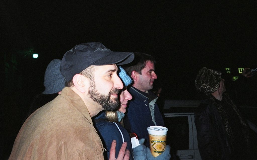 Dave Attell and his crew on their visit to The Robot Group [Brooks Coleman on the right sporting his Dylanesque leopard-skin pillbox hat]