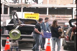 SXSW 2001 Load-in at venue (L-R : Eyebot, Tai Chi arm, Aaron Lundquist, Derek Bridges, Lauren Kopplin carrying Babbling Head) SXSW 2001 Load-in at venue